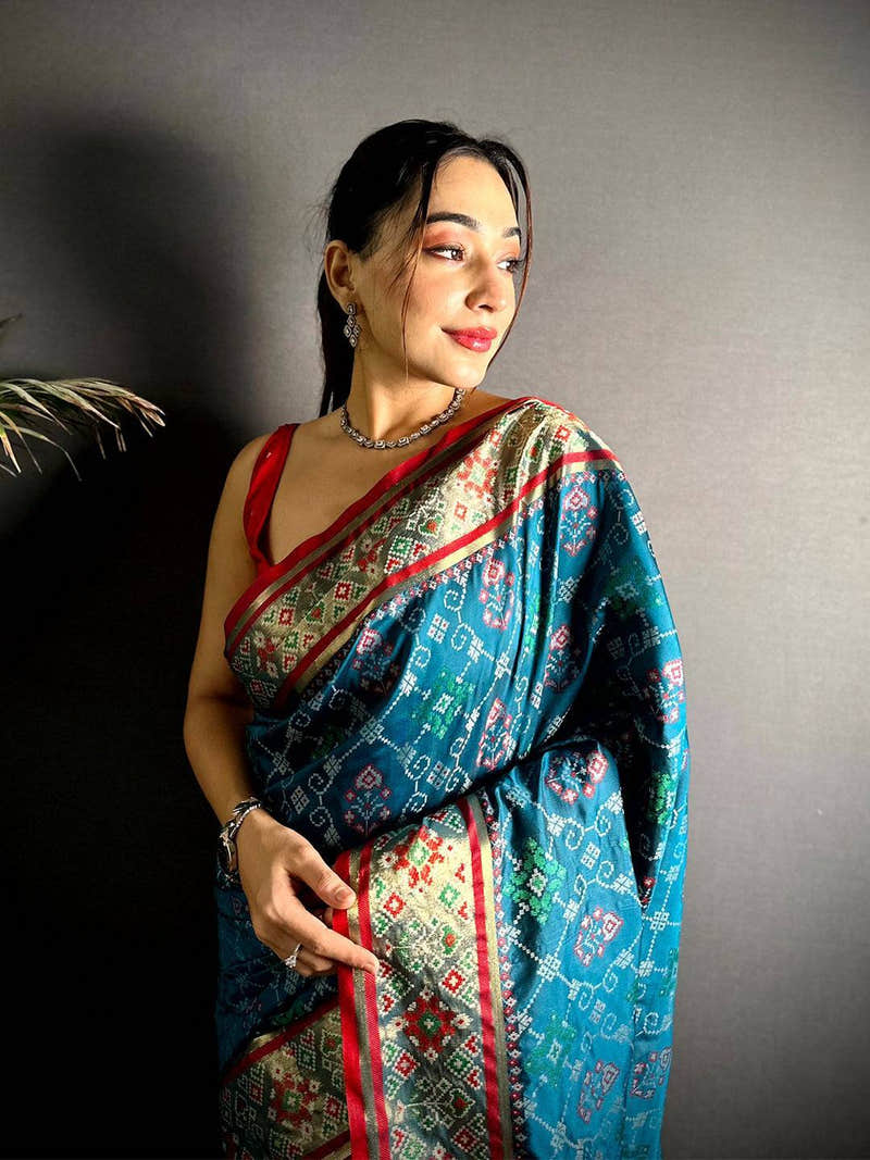 Denim Blue Pochampally Patola Soft Silk Saree