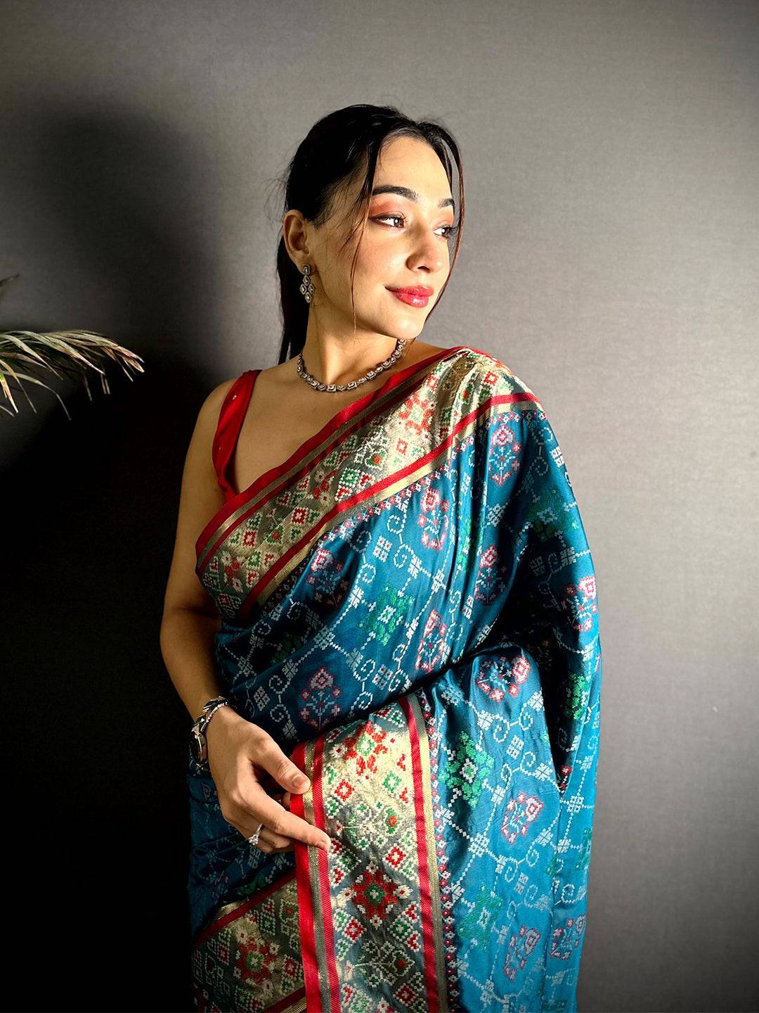 Denim Blue Pochampally Patola Soft Silk Saree

