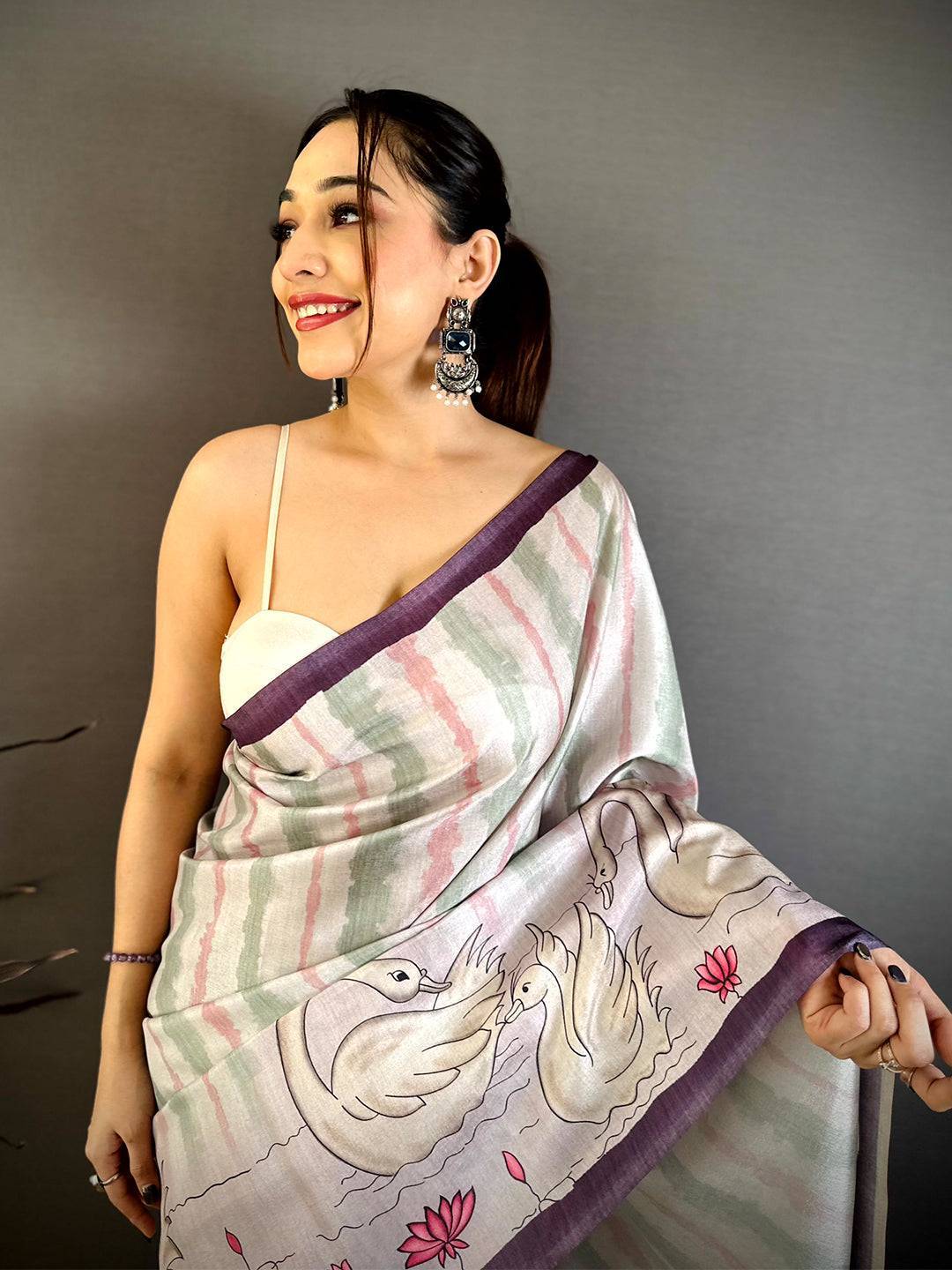 Stylish Soft Tussar Swan Print Saree
