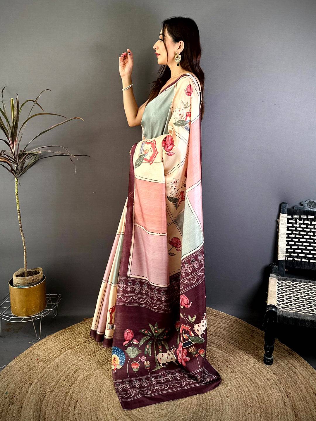 Vibrant Tussar Contrast Kalamkari Pallu Saree