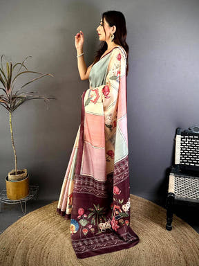Vibrant Tussar Contrast Kalamkari Pallu Saree