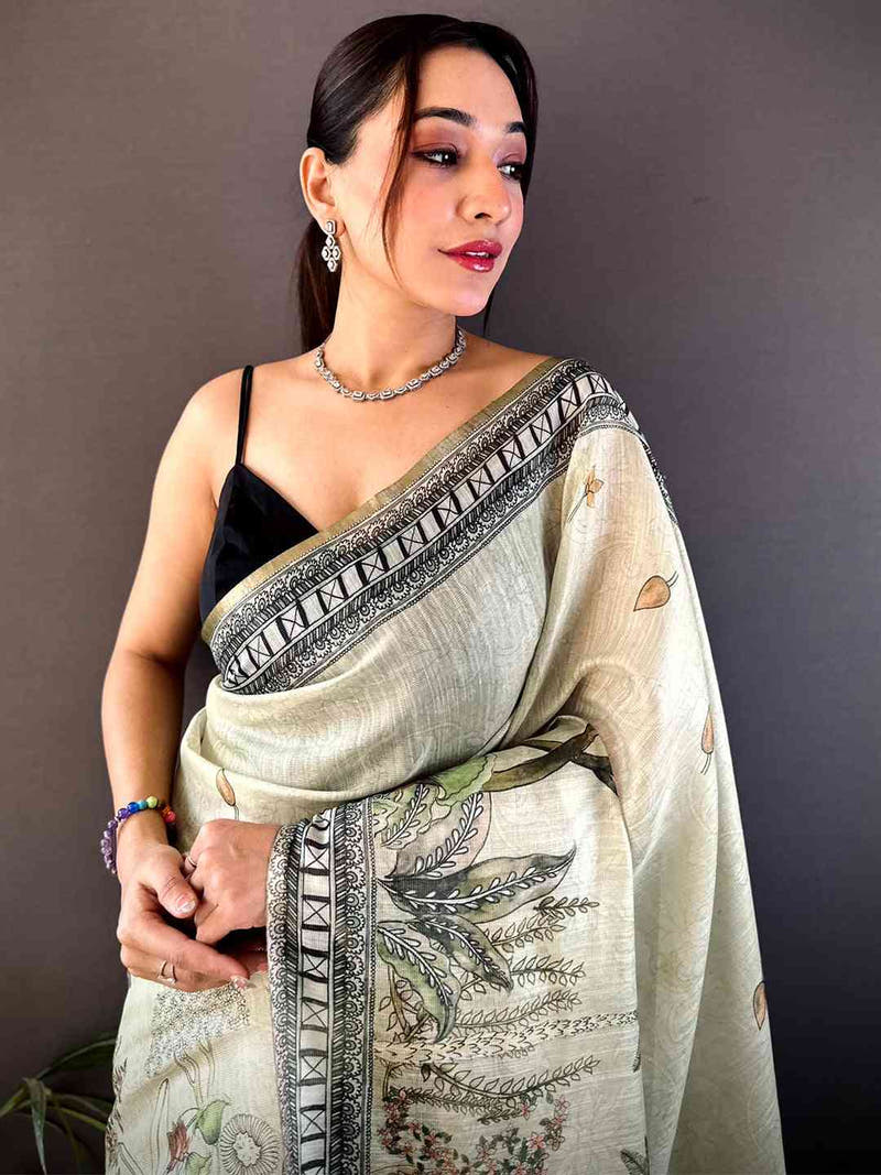 Mint Green Tussar Floral Leaf Print Saree