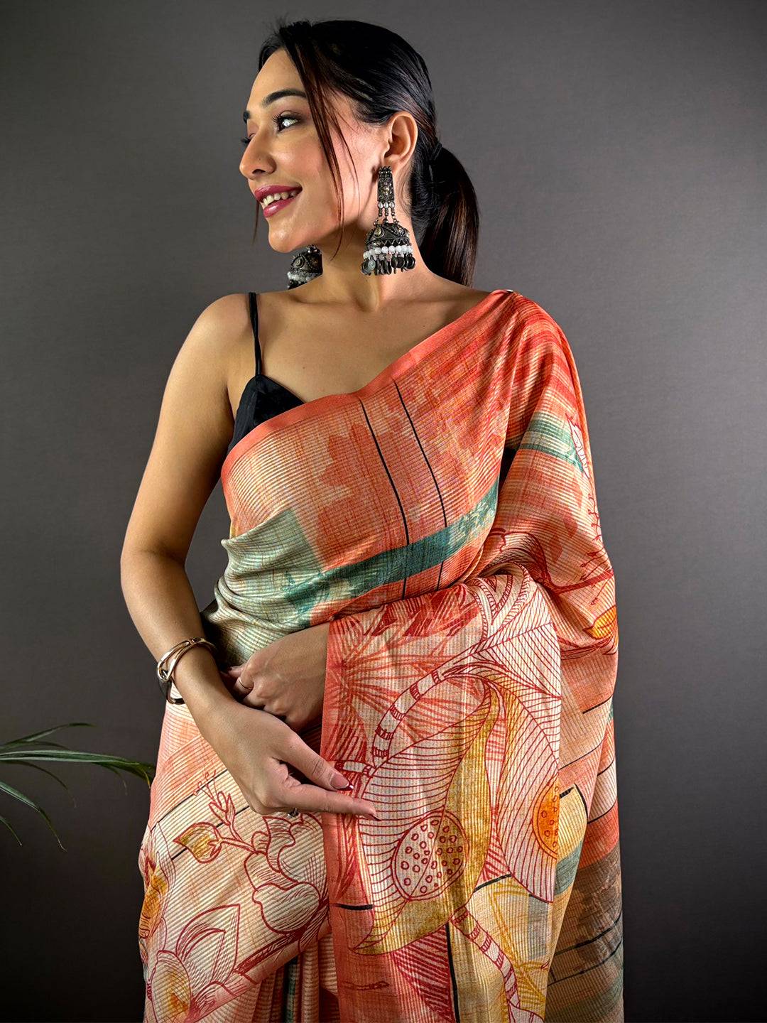 Orange Tussar Silk Lush Botanical Prints Saree