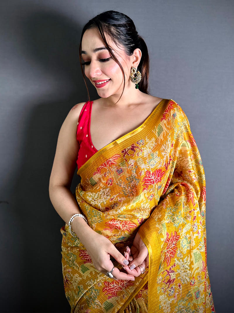 Mustard Kota Doriya Kalamkari Print Saree