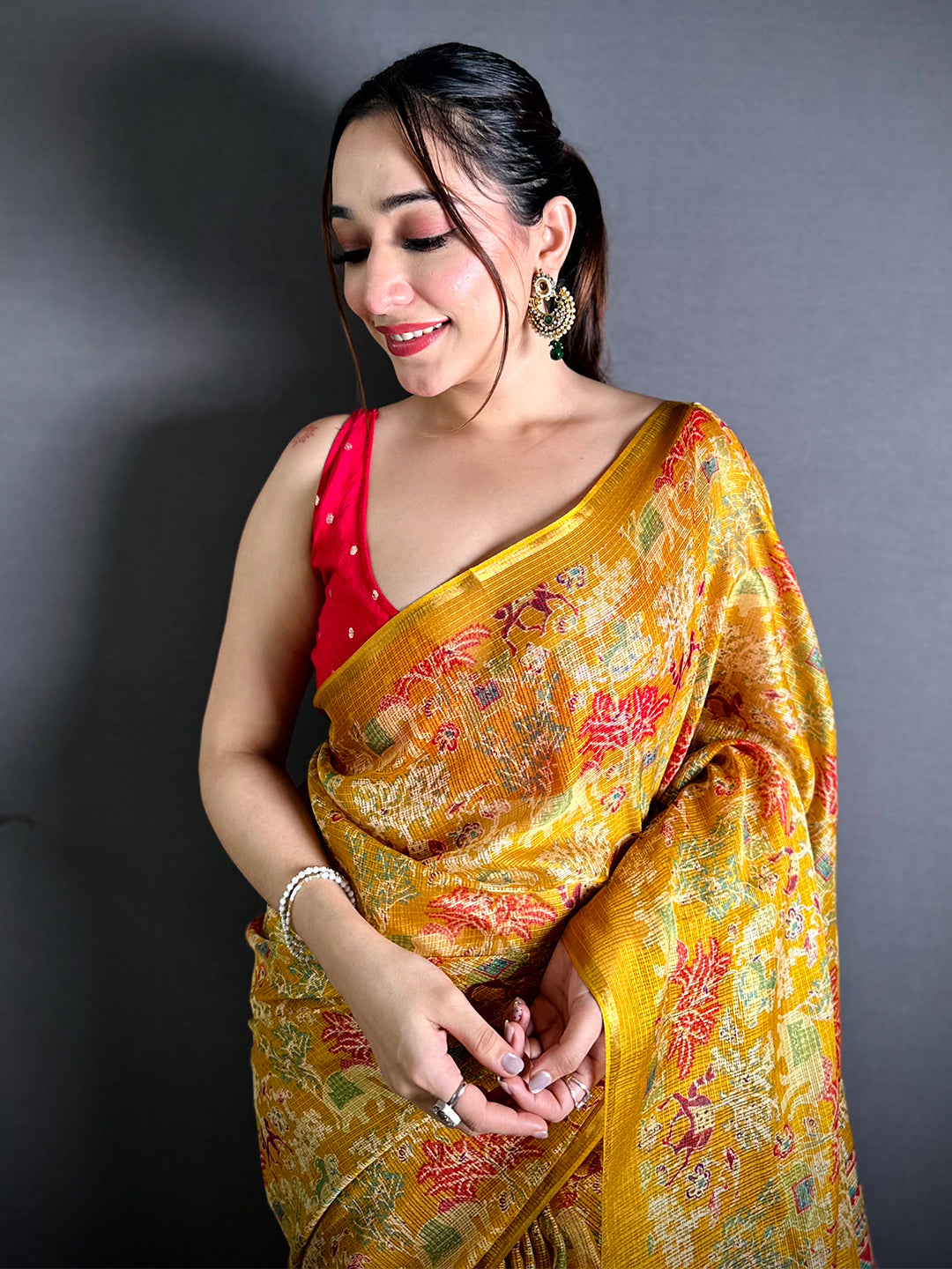 Mustard Kota Doriya Kalamkari Print Saree