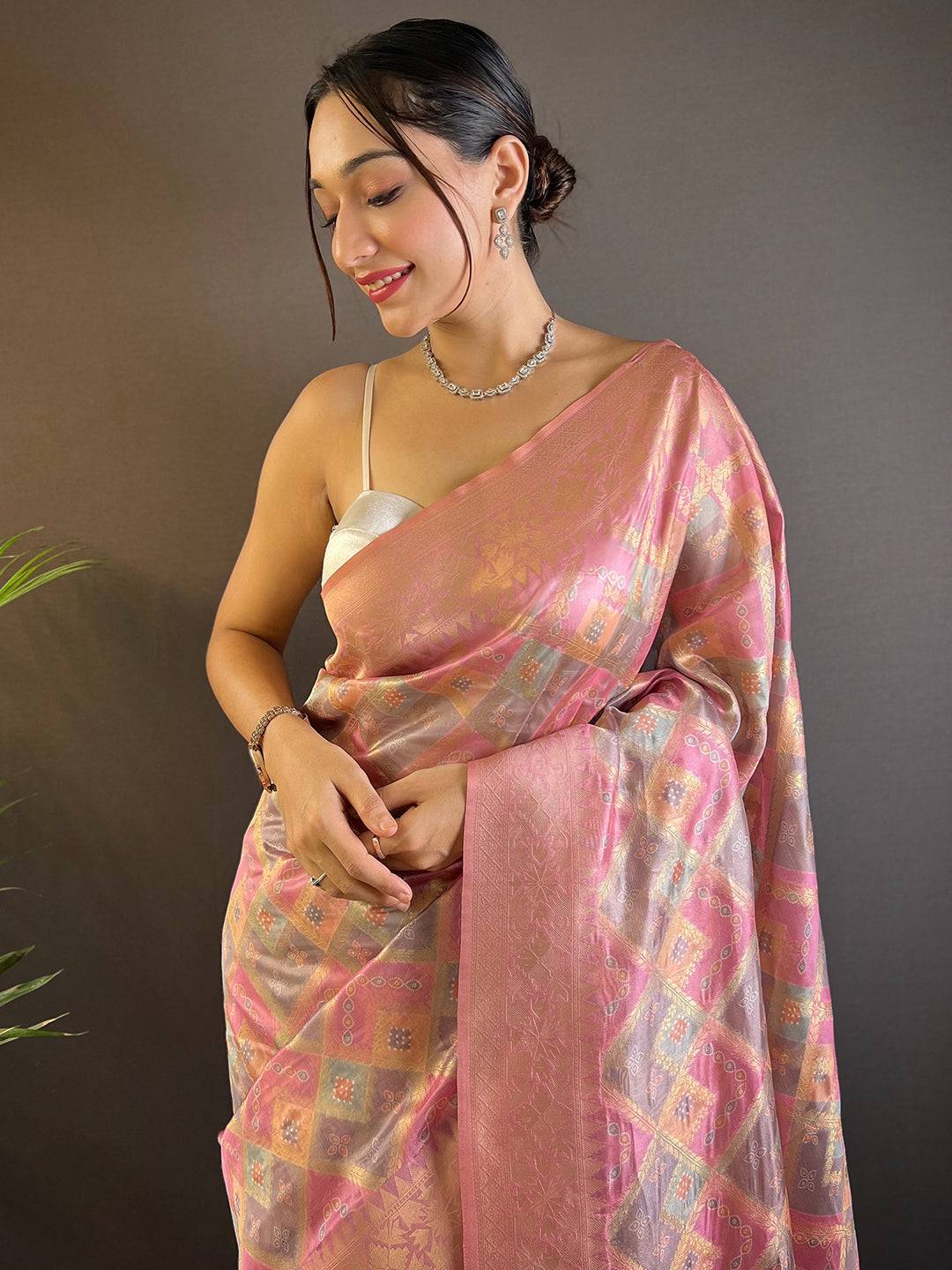 Cherry Blossom Colour Block Print Banarasi Saree