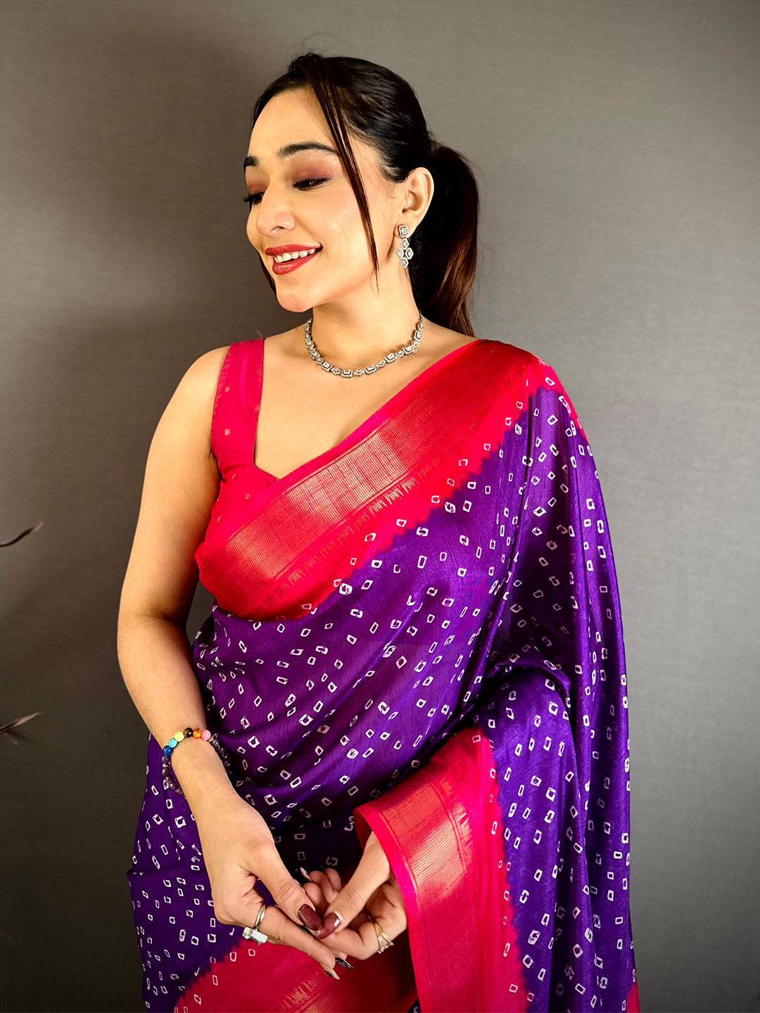 Purple Bandhej Fusion Dola Print Saree