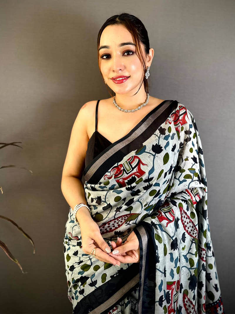 Stylish Mul Cotton Elephant Kalamkari Print Saree
