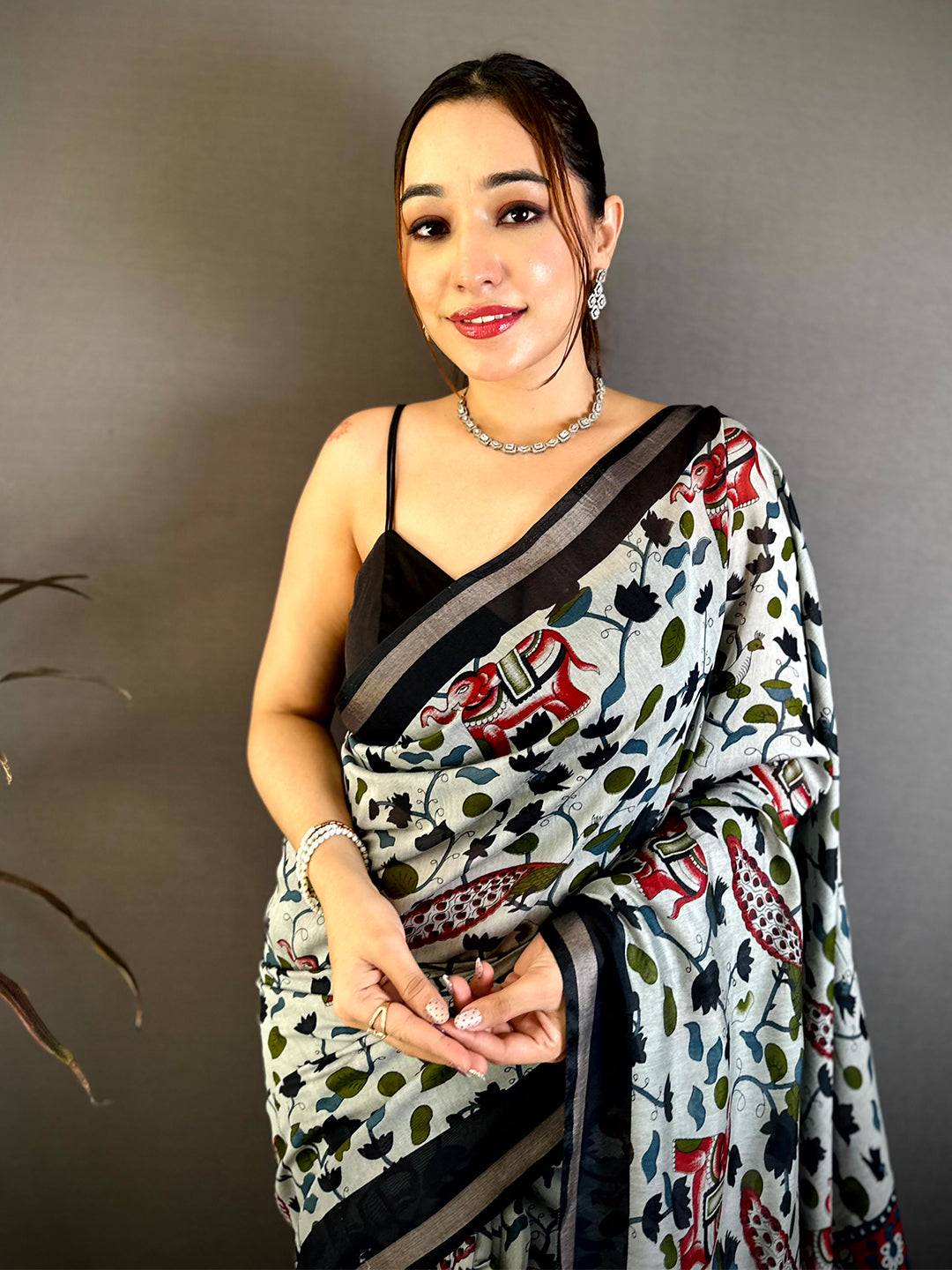 Stylish Mul Cotton Elephant Kalamkari Print Saree