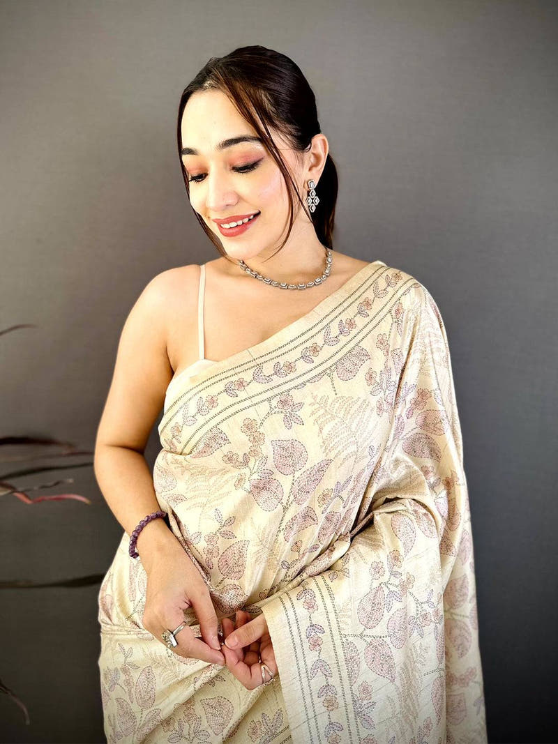 Traditional Katha Art Soft Tussar Saree