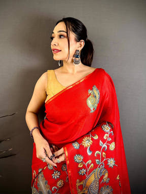 Red Peacock Kalamkari Kota Saree