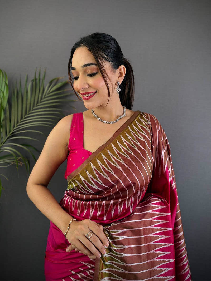 Peach Soft Silk Ikkat Zari Weaving Saree