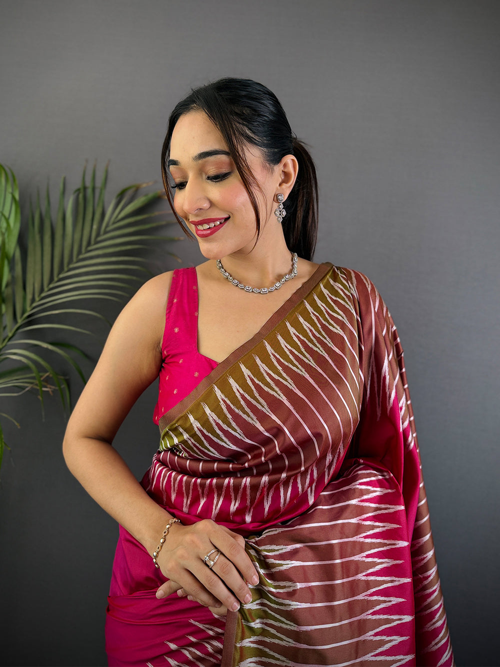 Peach Soft Silk Ikkat Zari Weaving Saree