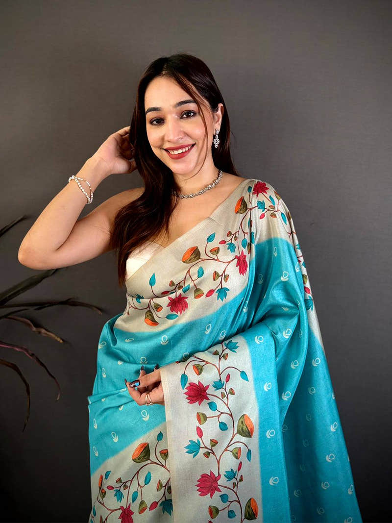 Sky Blue Soft Tussar Pichwai Print Saree