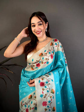 Sky Blue Soft Tussar Pichwai Print Saree