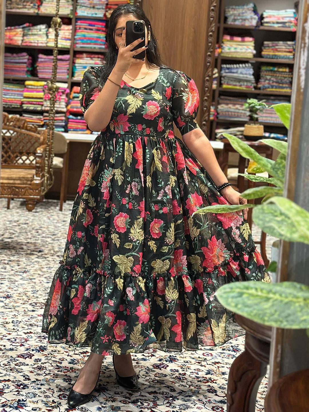 Revan Black Floral Print Midi Dress vastranand order Buy