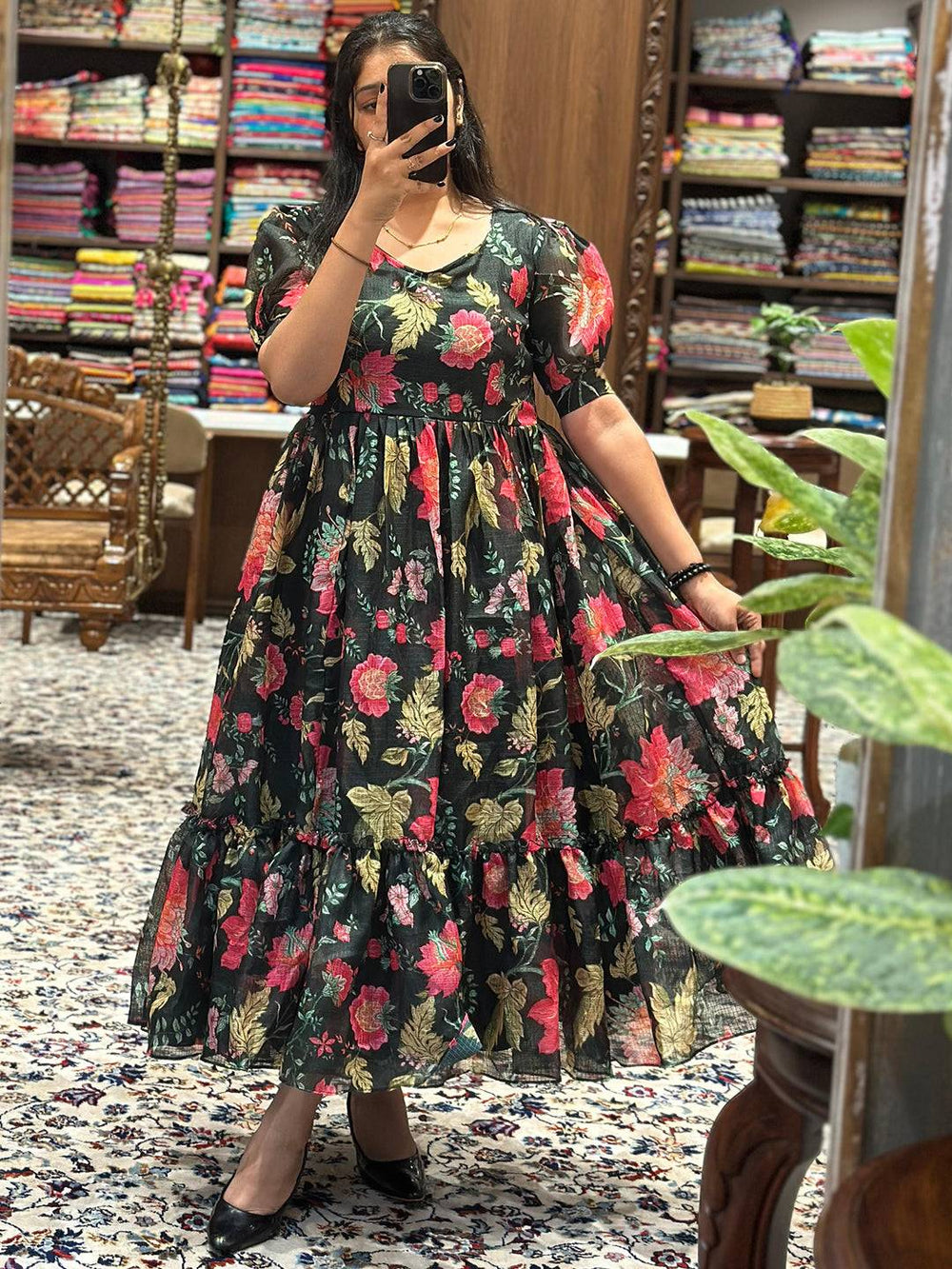 Revan Black Floral Print Midi Dress worn by model in store