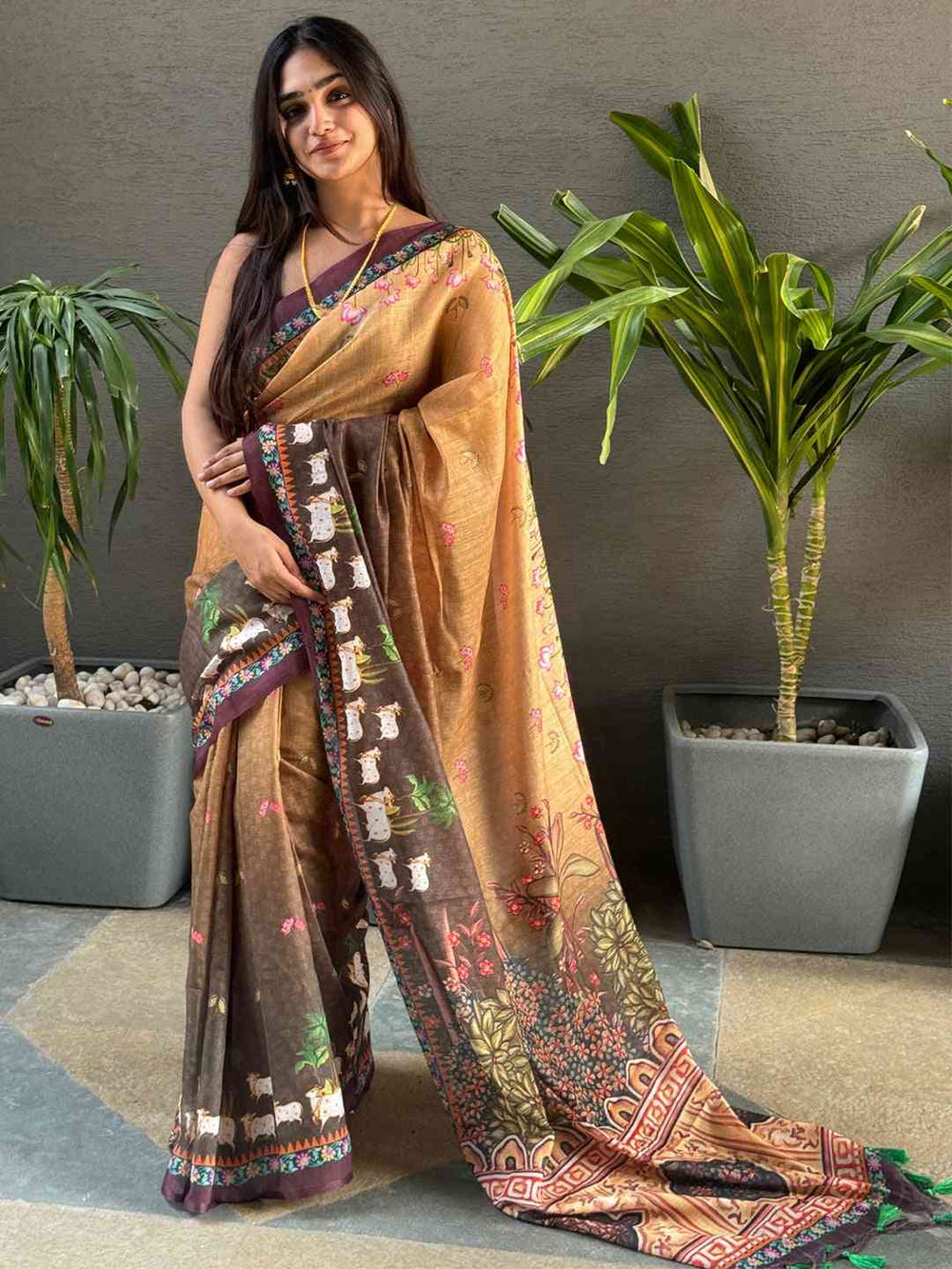 Elegant Soft Linen Brown Ombre Pichwai Saree on model