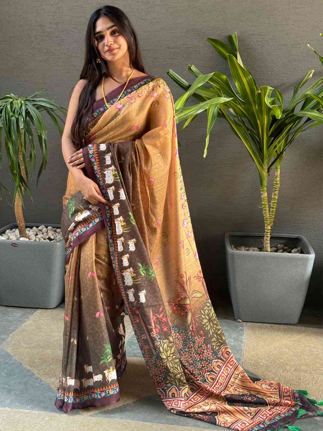 Elegant Soft Linen Brown Ombre Pichwai Saree on model