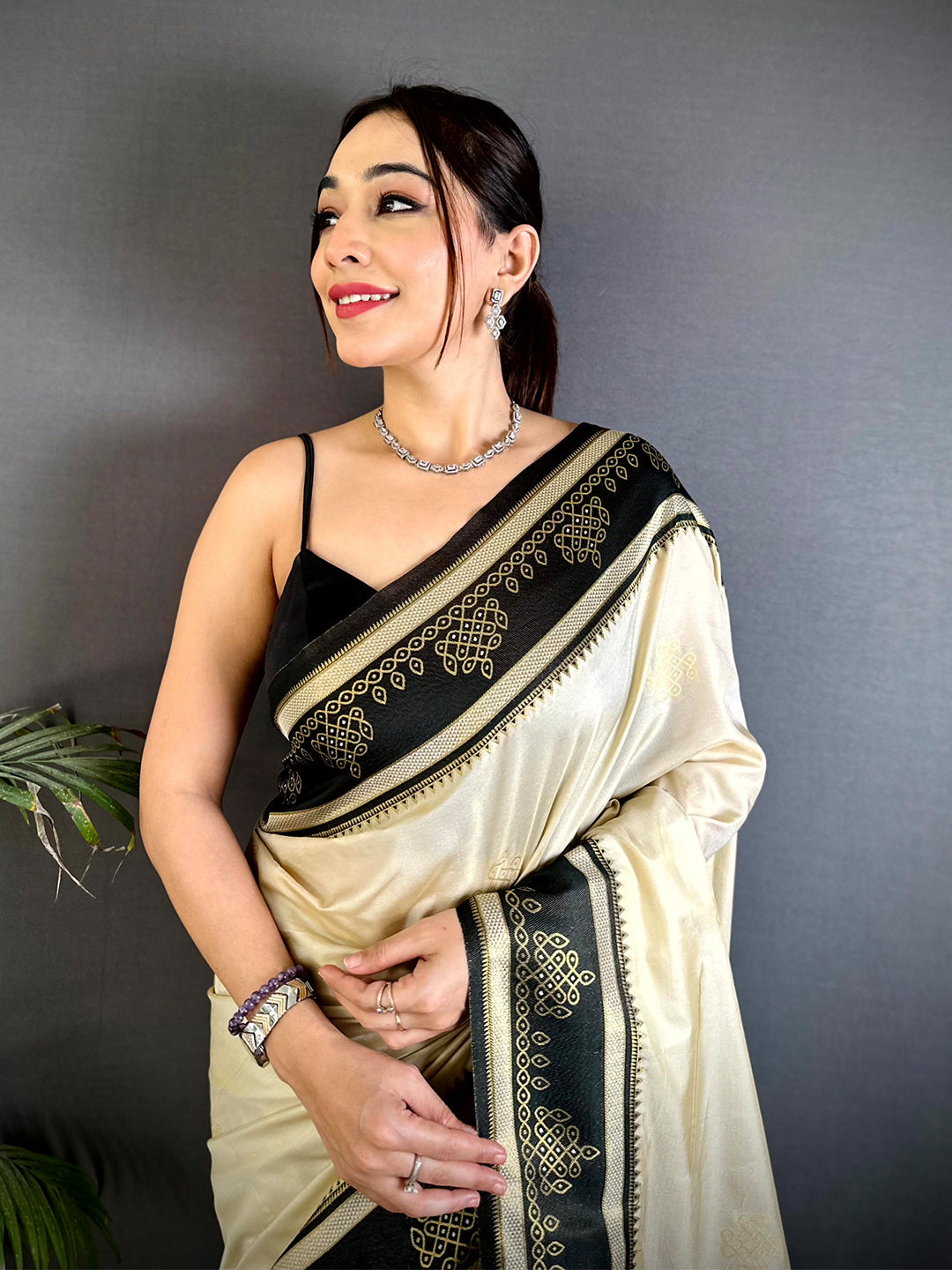 Cream Soft Silk Ikkat Kolam Saree