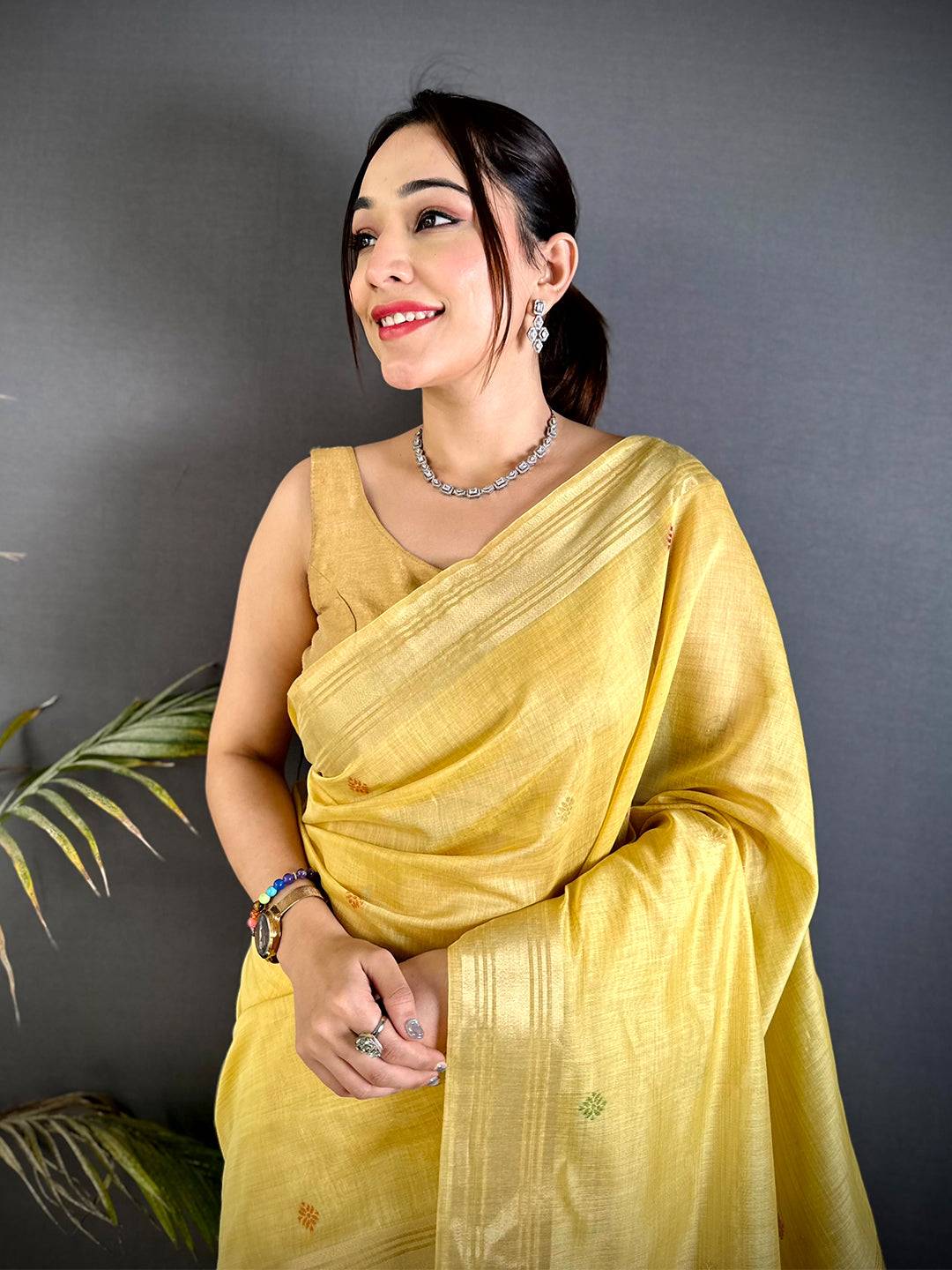 Yellow Swan Minakari Linen Saree