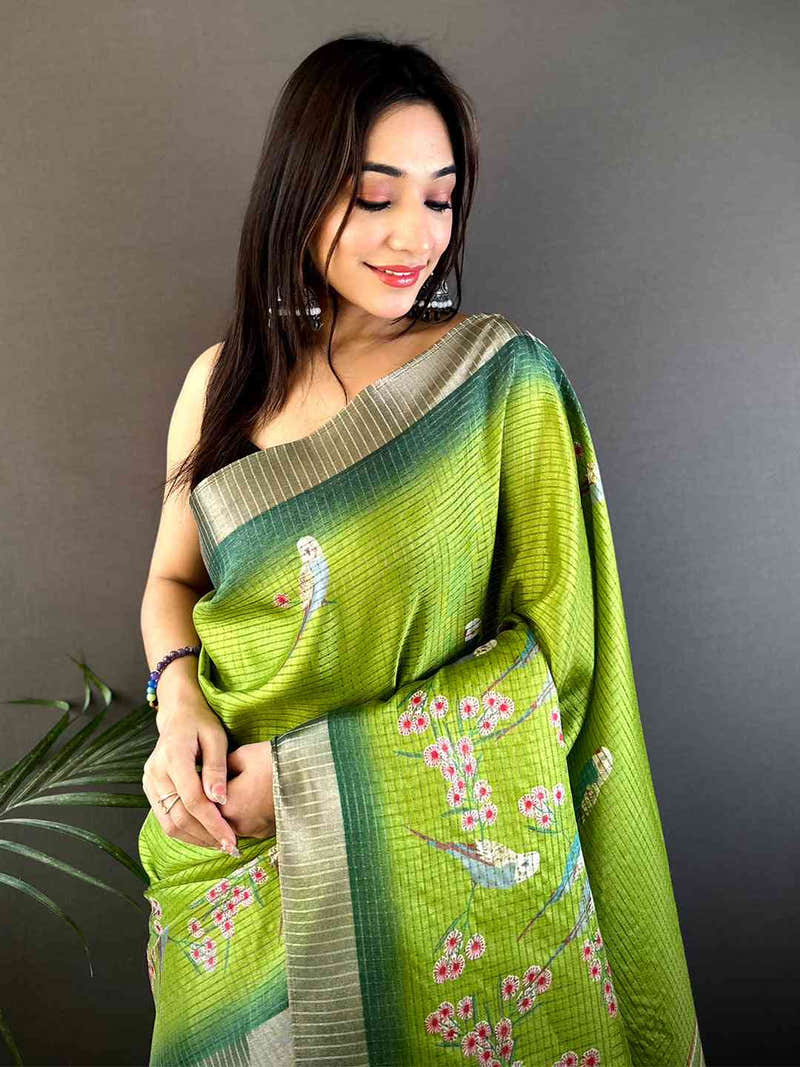 Green Chanderi Check Sparrow Print Saree