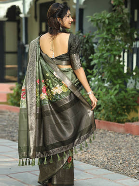 Dark Green Colour Pure Viscose Dola Silk Floral Print Saree