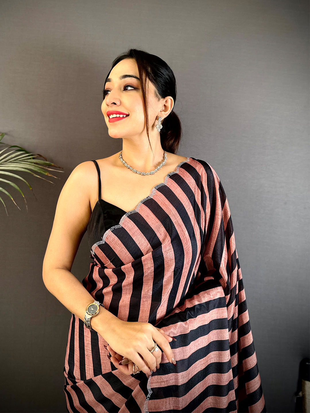 Radiance Soft Chiffon Swarovski Striped Saree