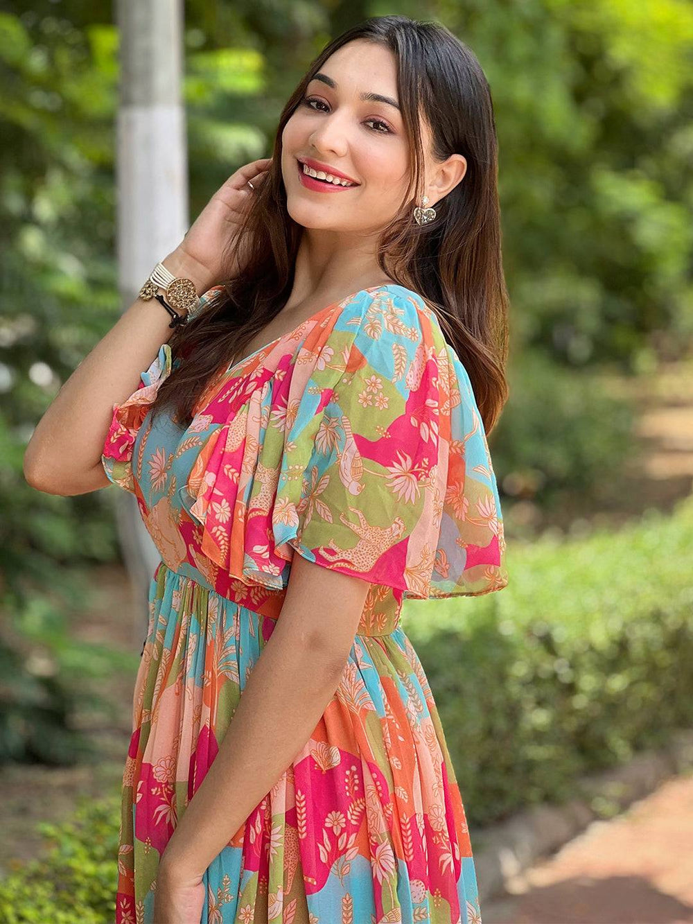 Side view of Floral Flared Multi Colour Flary Dress