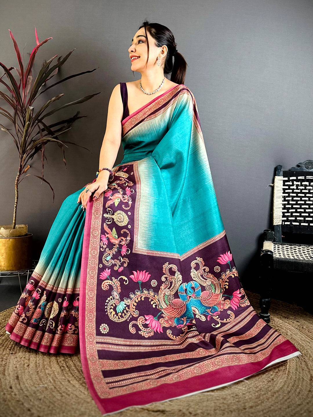 Teal Green Pen Kalamkari Saree