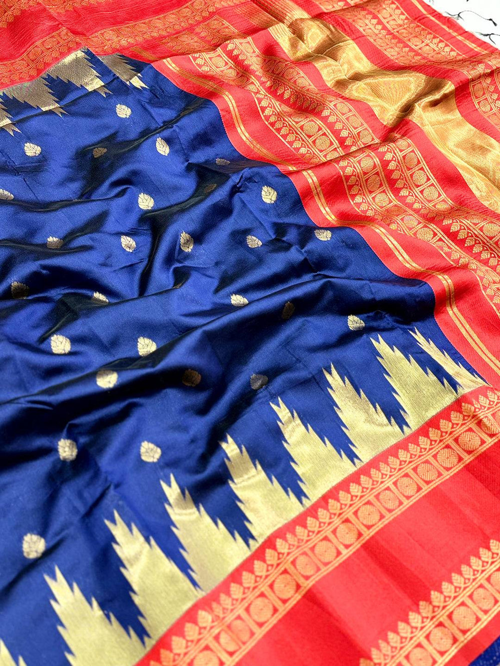 Navy Blue Rudraksha Temple Weave Katan Silk Saree