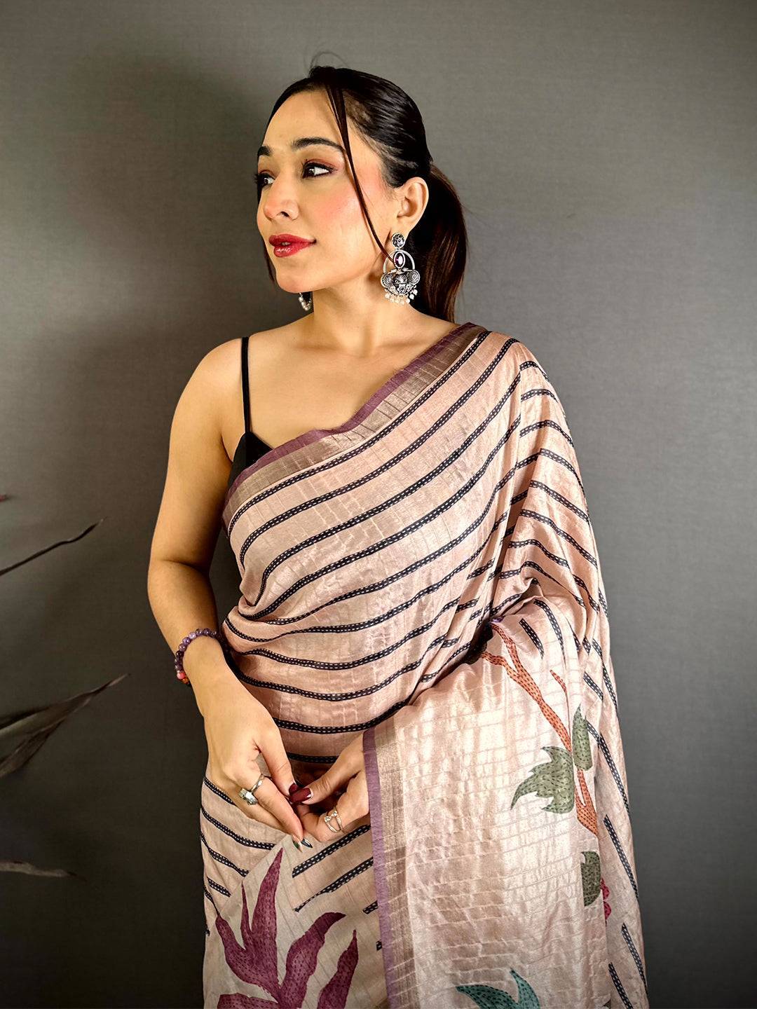 Beige Tussar Ghicha Floral Bird Saree