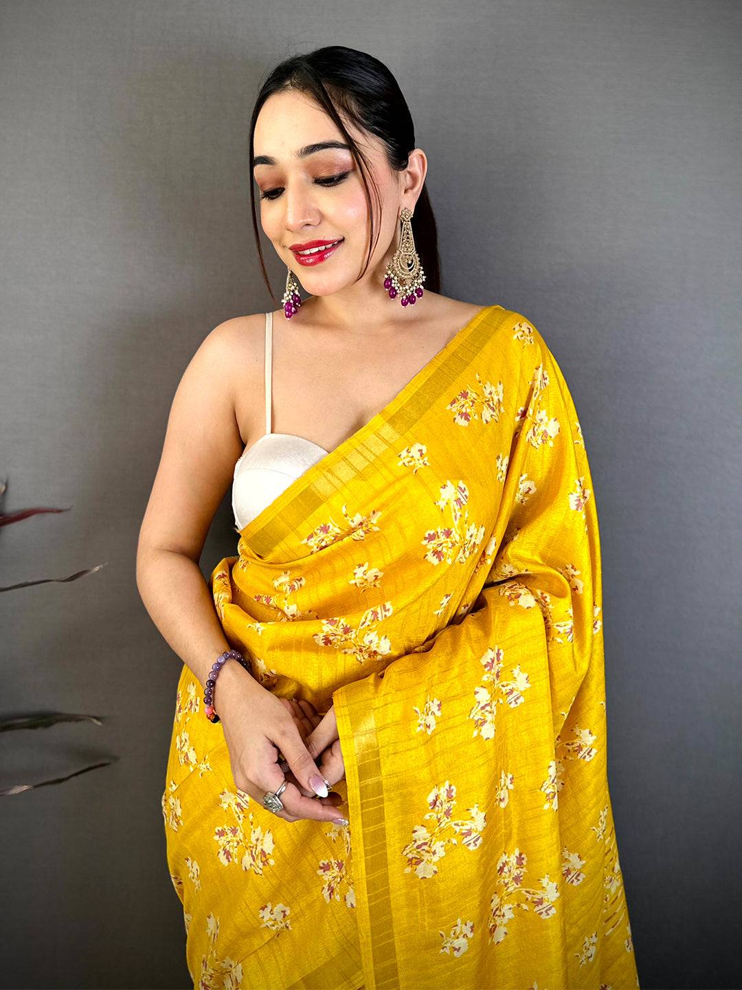 Yellow Tussar Ghicha Batik Floral Print Saree