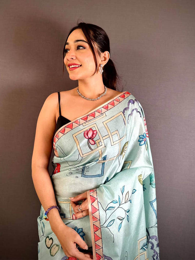 Sky Blue Semi Tussar Striped Pallu Saree