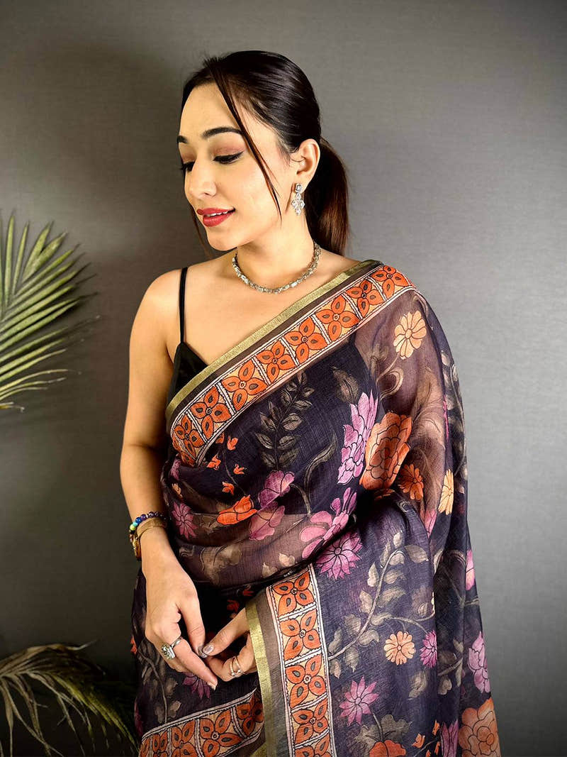 Royal Floral Kalamkari Soft Linen Saree