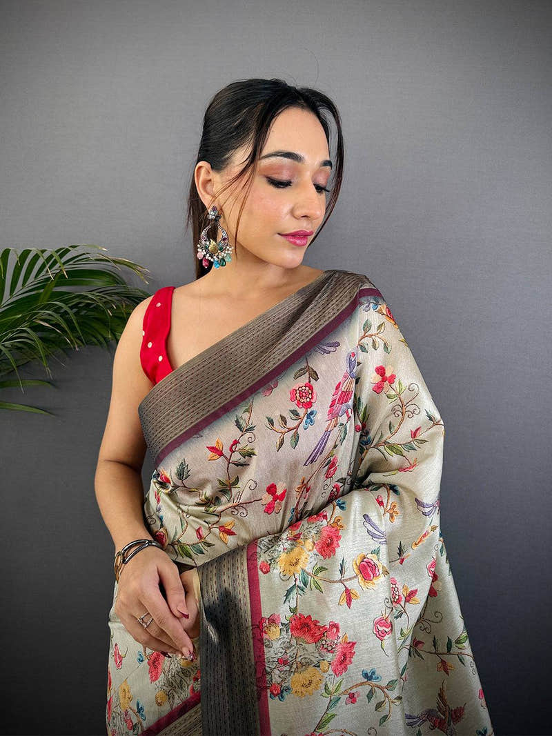 Grey Tussar Silk Digital Print Saree