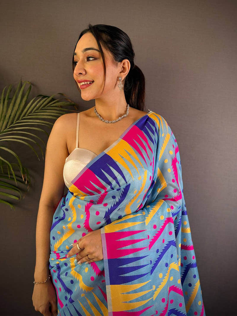 Royal Sky Blue Dhakai Cotton Jamdani Saree