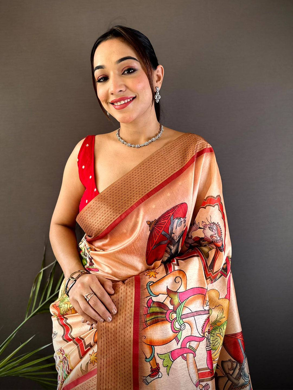 Peach Digital Kalamkari Printed Tussar Silk Saree