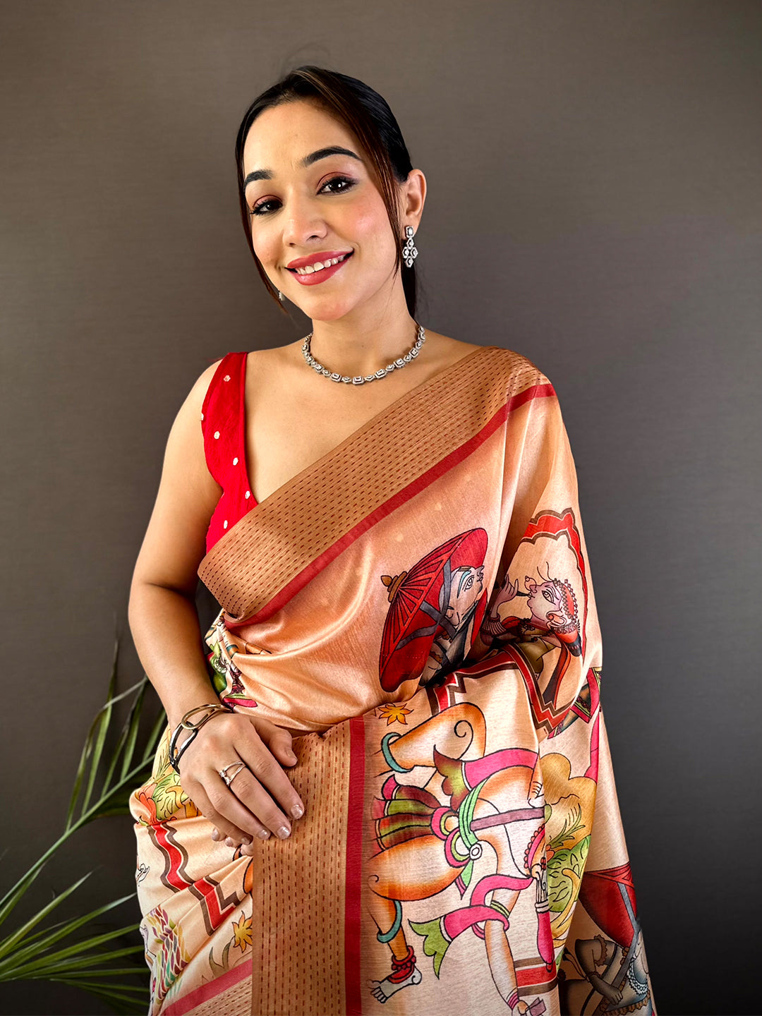 Peach Digital Kalamkari Printed Tussar Silk Saree