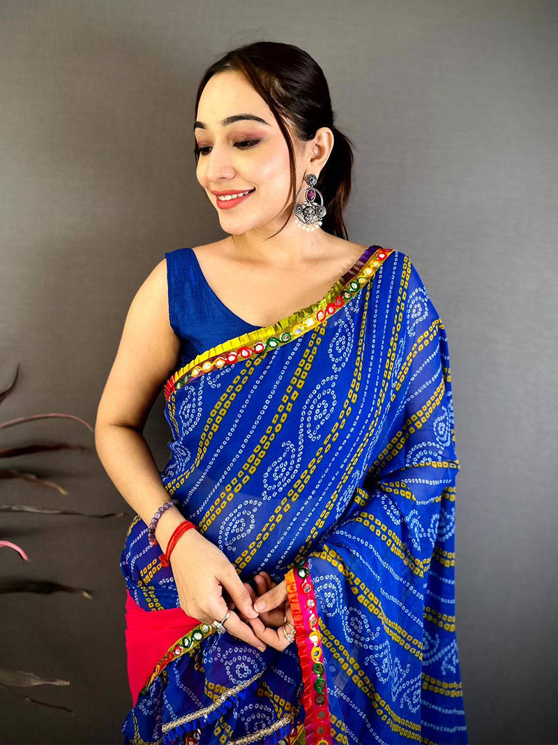 Elegant Bandhej Print Ruffle Georgette Saree