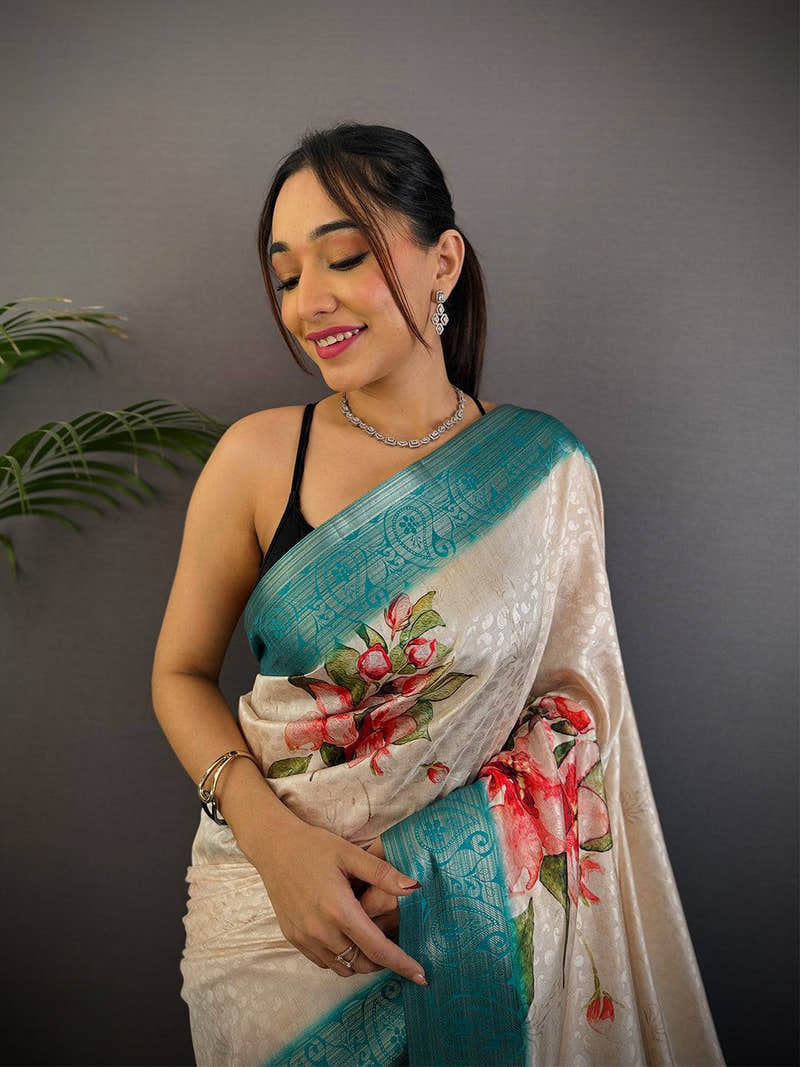 Light Cream Digital Print Soft Dola Silk Saree