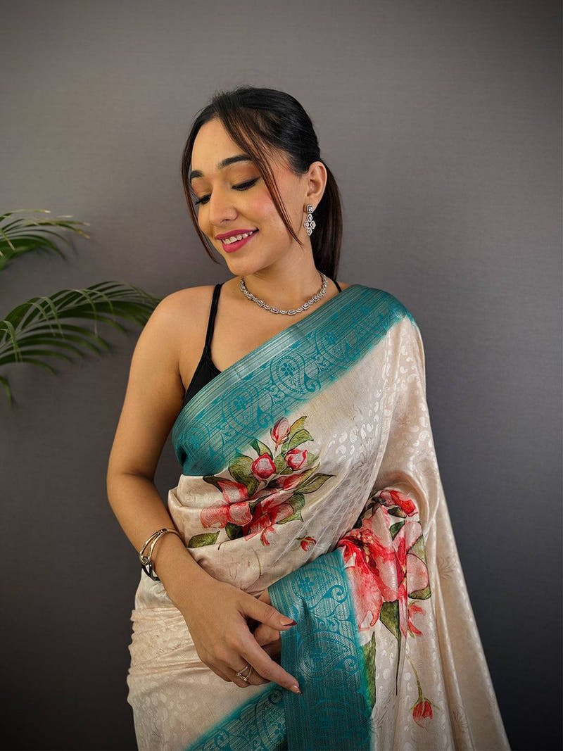 Light Cream Digital Print Soft Dola Silk Saree