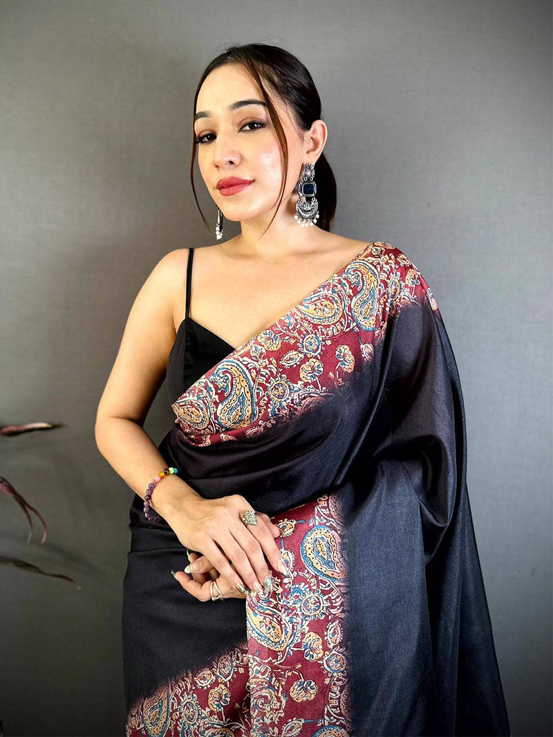 Classic Ajrakh Print Tussar Saree