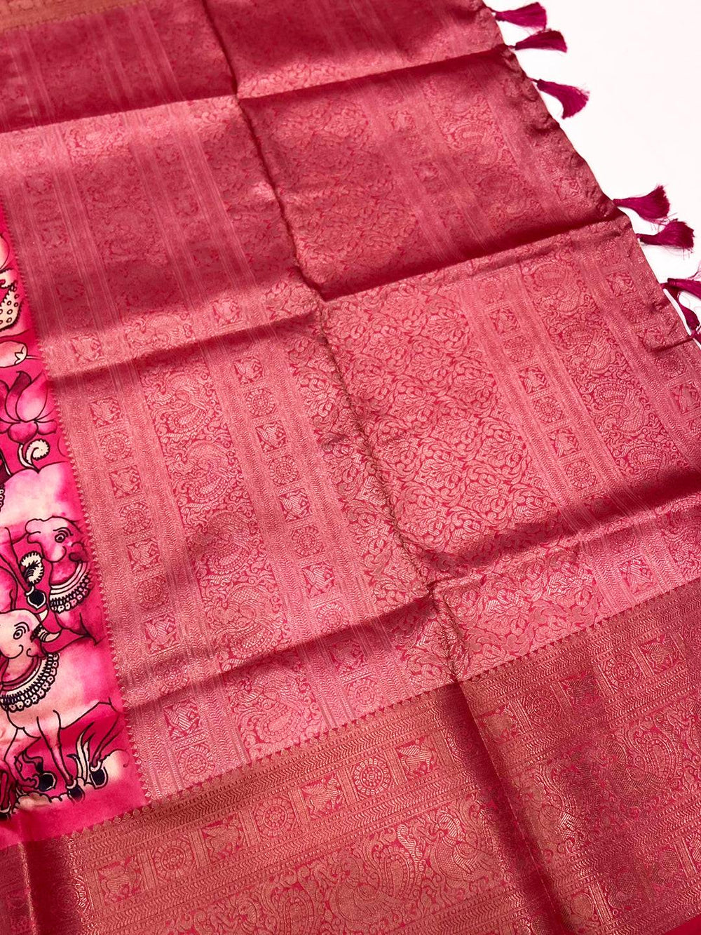 Bright Pink Digital Kalamkari Banarasi Saree