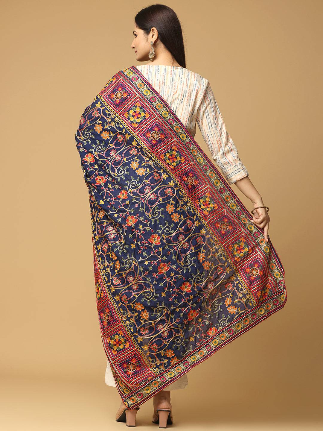 Back view of embroidered poly chiffon pashmina dupatta