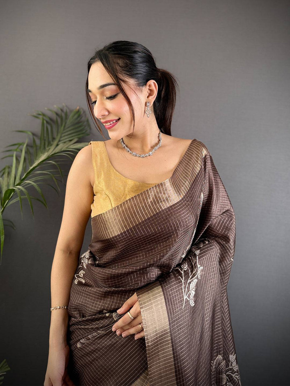 Floral Printed Coffee Brown Chanderi Saree
