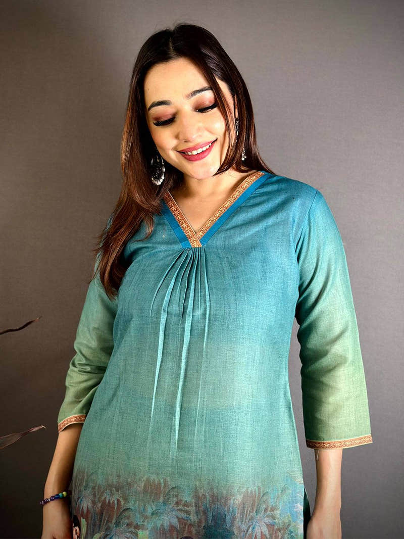 Teal Mul Cotton Painting Print Kurti with Border V Neck