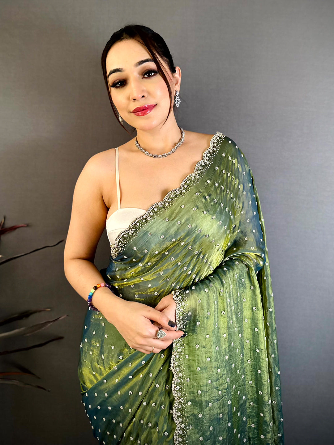 Royal Pearl Zircon Embellished Saree