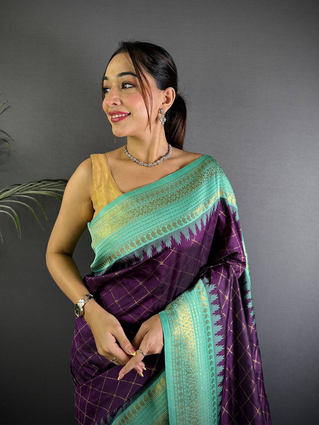 Wine Gold Zari Chex Soft Silk Saree

