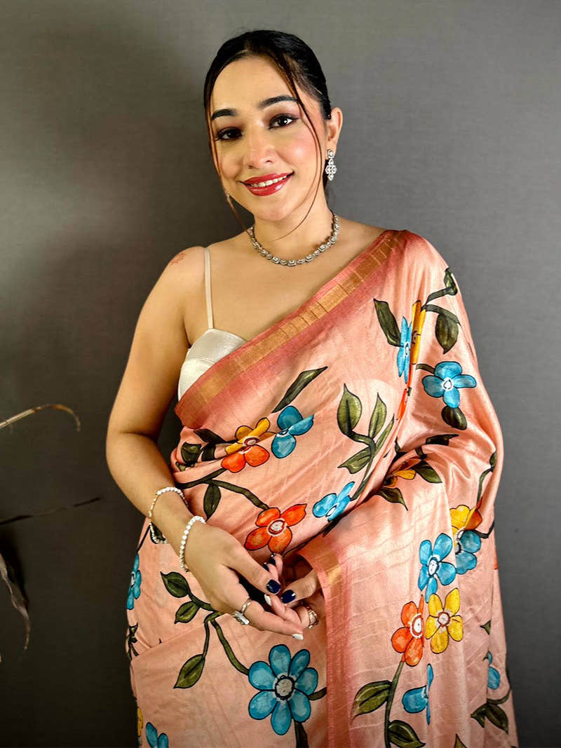 Celebrity Tussar Ghicha Kalamkari Print Saree